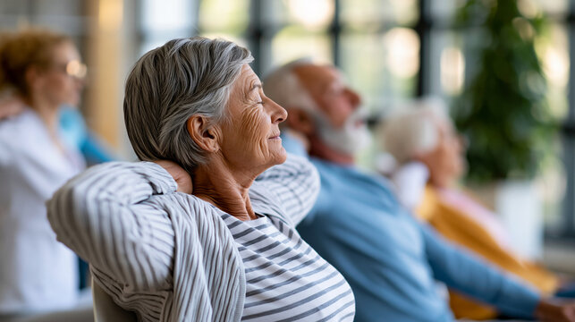 Group of senior men and women stretching their necks with a female caregiver in a nursing home exercise class, elder care and mobility support concept, faceless, defocused , with