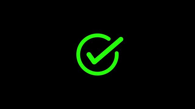Green checkmark animation. Yes tick. Correct check mark symbol. Yes sign. Correct vote icon on black background. Animated green tick concept.