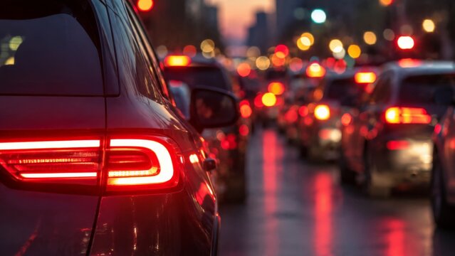 Detail of an illuminated car taillight in a line of traffic during the night, capturing the red glow and blurred city lights