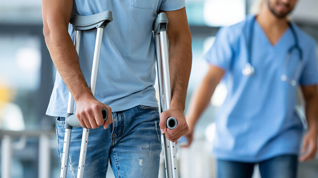 Physical therapist assisting an anonymous man on crutches in a hospital rehabilitation center, injury recovery and mobility support concept, faceless, defocused , with copy space