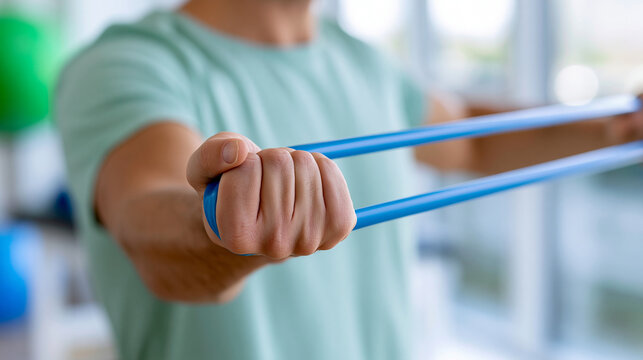 Close-up of resistance band exercises for shoulder rehabilitation in a bright physiotherapy clinic, sports injury recovery and muscle strengthening concept, faceless, defocused ,
