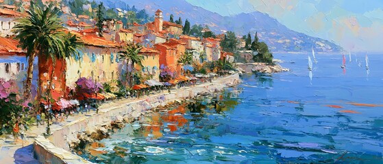 Naklejka premium Cote d'Azur landscape - knife palette style painting