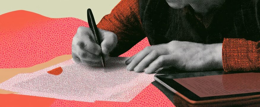Proofreading halftone collage banner template. Cutout hands editing text, highlighting errors, checking punctuation, reviewing documents digitally with tablet 