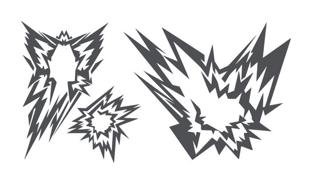 Four dark grey abstract explosion shapes white burst energy impact