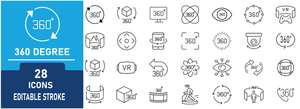 360 Degree Line Icon Set. Contains icons virtual reality, panoramic view, 360 rotation, interactive media, augmented reality, digital visualization and MORE. Editable stroke. Vector illustration.