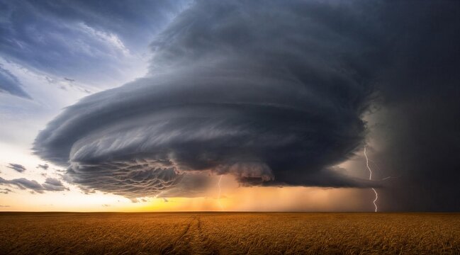 Severe thunderstorm approaching wheat field at sunset