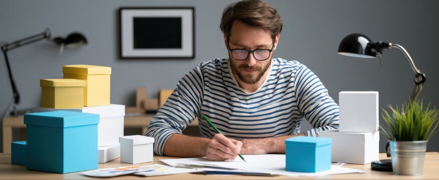 Artist illustrating creative concept Blue recycled paper product sustainable packaging mockup container prototype template brand identity design workspace idea