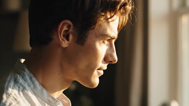 Young man reflecting by window in warm sunlight. Contemplation creates serene atmosphere. Introspection captures emotional depth and peaceful moment. Natural light enhances mood.