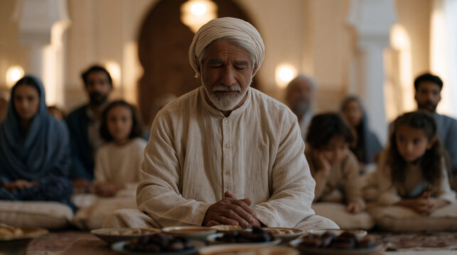Large extended family seated on floor cushions around low iftar table at sunset, dishes of dates and soups arranged carefully, elderly grandfather leading opening prayer, children