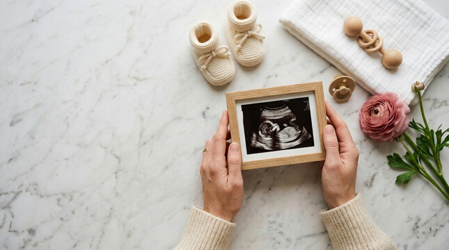 Flat lay of expecting mother holding sonogram scan with newborn toys and swaddle. Represents successful fertility treatment, family planning, maternity healthcare, and healthy baby anticipation.