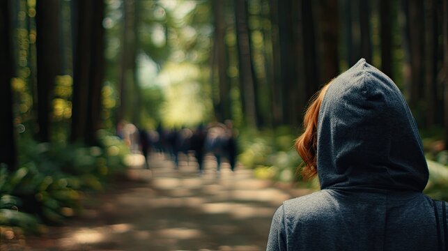 Person in hoodie looks at a distant crowd walking on a forest path