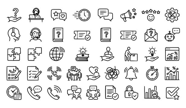 Customer Experience and Support Service Line Icons Set With Agent Chatbot Rating Ticket Knowledge Base Care and Communication Symbols