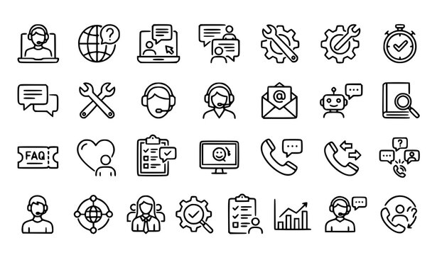 Customer Support and Help Desk Line Icons Set With Agent Chatbot FAQ Email Live Chat Maintenance Feedback and Service Symbols