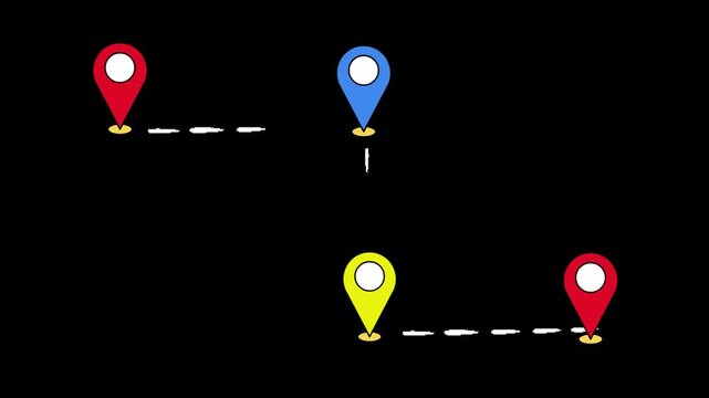 Multi Color Map Pins Route Animation with Dotted Path Lines on Black Background