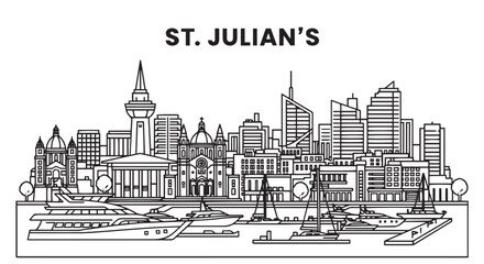 Fototapeta premium St Julians Malta Skyline Cityscape Yacht Harbor Illustration