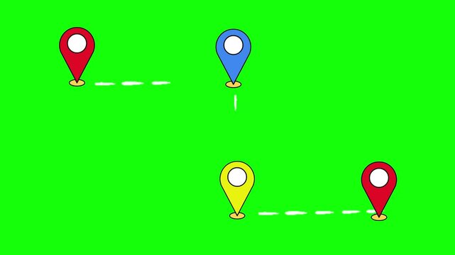 Multi Color Map Pins Connection Route Animation with Dotted Path Lines on Green Screen Chroma Key