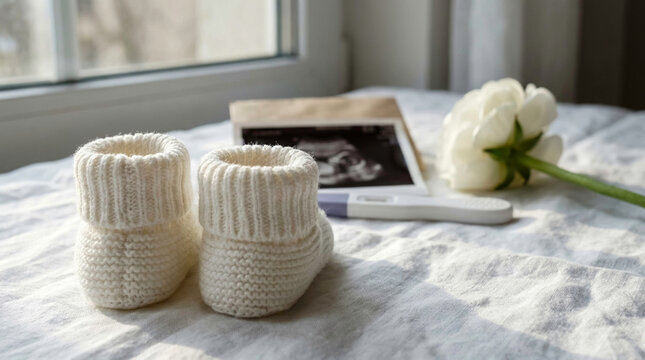 Close up of knitted baby shoes with blurred sonogram and pregnancy test. Concept of maternity, fertility success, IVF, and family planning healthcare.