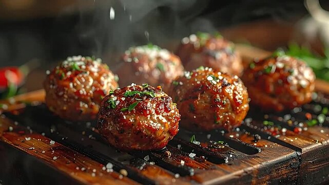 Freshly cooked savory meatballs are served on a rustic wooden cutting board