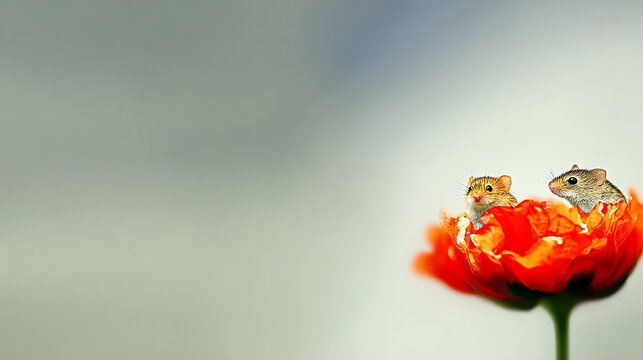 Miniature golden harvest mouse perched on a delicate flower, macro wildlife photography with soft natural background.