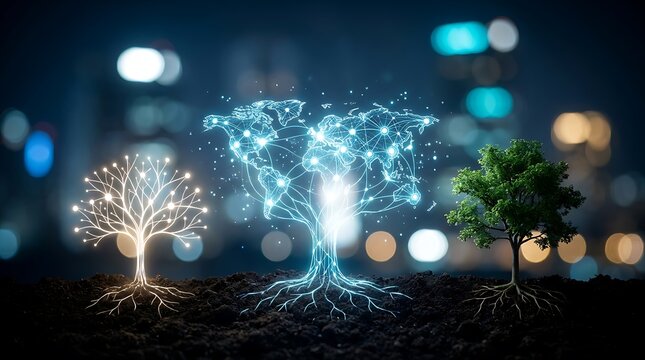 Global Network Tree Illuminates Earth's Connectivity and Digital Growth Against a Bokeh Cityscape