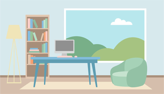 Minimalist home office with computer desk bookshelf armchair and window view during daytime
