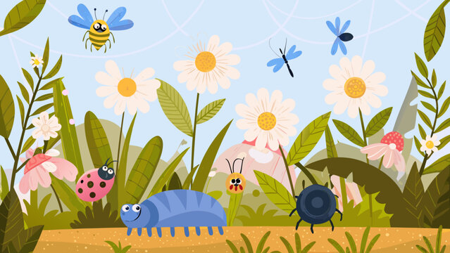 Floral scene with illustrated insects and daisies depicts a colorful garden environment bugs beetle caterpillar damselfly