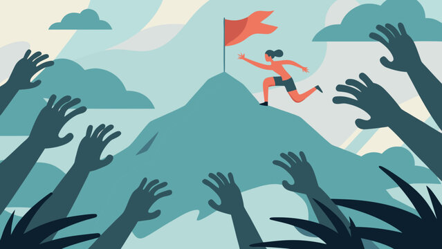 A vector illustration depicting a person running with a flag atop a hill surrounded by reaching hands