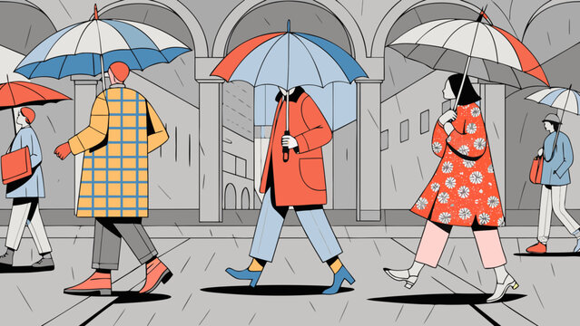 People with umbrellas walking down a city street a colorful vector illustration adults ambulation architecture autumn
