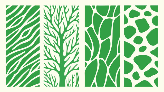 Nature inspired patterns featuring zebra stripes a deciduous tree organic shapes and spotted forms vector illustration