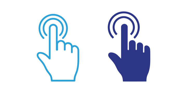 Touch interaction icon set representing tap, click, and user interface in outline and solid styles