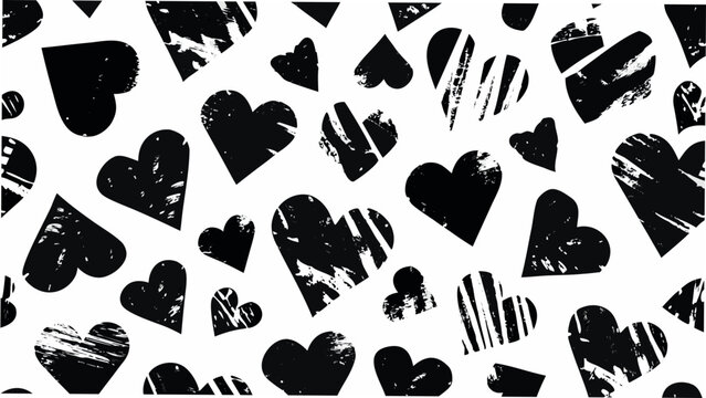 Black heart shapes on a white background a chaotic pattern of textured hand drawn silhouettes abstract