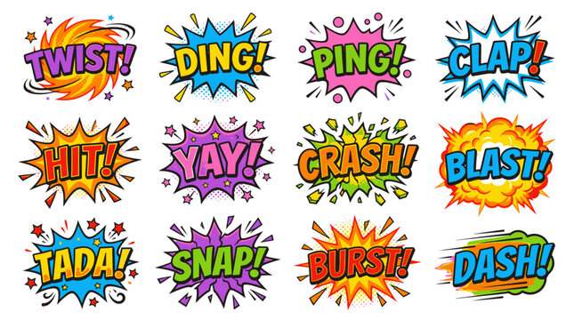 Energetic comic book sound bubbles with vibrant color palette.