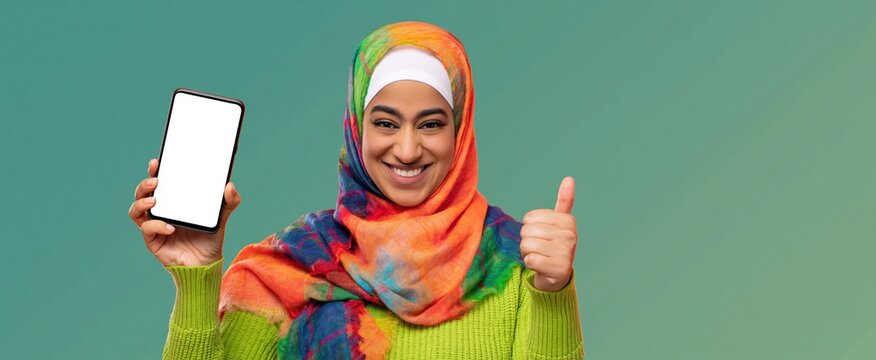 Smiling Middle Eastern woman in colorful hijab holds smartphone displaying blank screen and makes thumbs-up gesture.