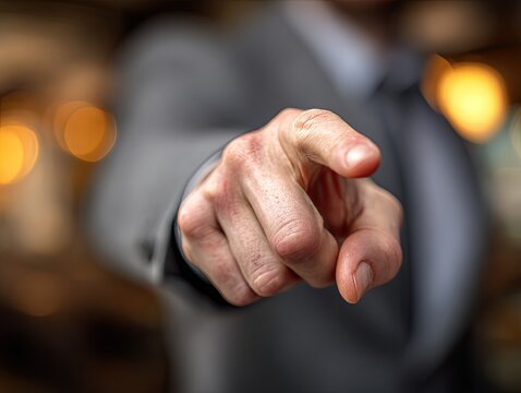 A person in a suit points directly at the viewer with a focused expression