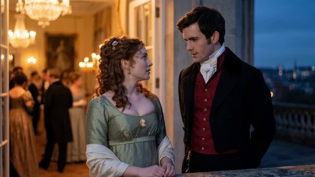 Romantic regency era couple talking on balcony during high society ball. Elegant man and woman in historical costumes courting. 19th-century aristocratic romance concept