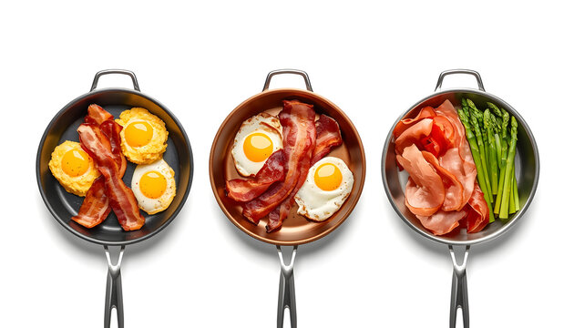 Breakfast Food in Skillets with Bacon Eggs and Asparagus