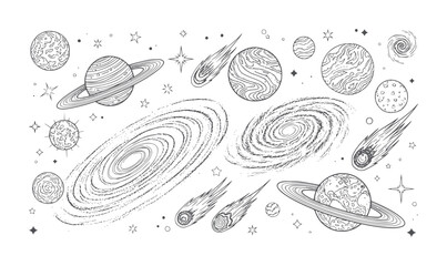 Hand drawn space planets galaxies comets stars and nebulae © Mohammad