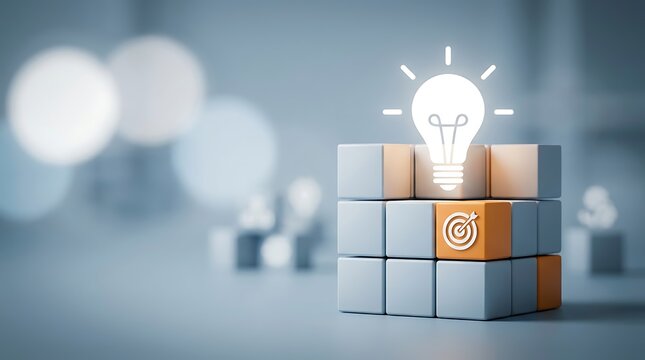 Illuminated Lightbulb Symbolizing a Brilliant Idea Above a Target Icon on Cubes, Representing Success and Goal Achievement