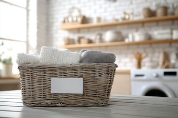 Fototapeta premium Wicker basket with folded towels on a table, laundry room background