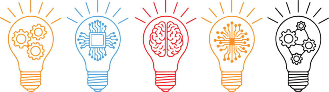 Innovation concepts light bulbs with gears circuits and brain illustrations