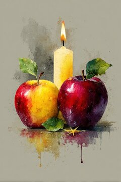 Watercolor Rosh Hashanah greeting with apples, candle, and Star of David, copy space included