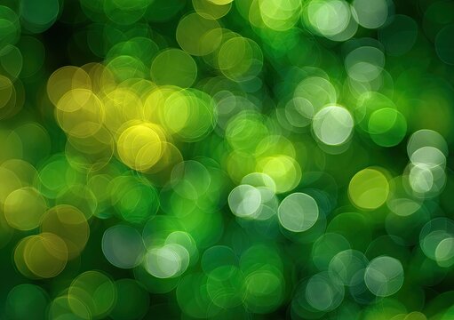 Soft green and yellow light orbs create a dreamy, abstract nature-inspired bokeh effect