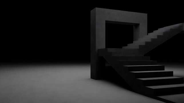 Minimalist 3D black product stage with matte geometric stairs, high-contrast dark architectural background.