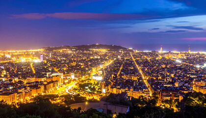 Obraz premium Vast cityscape illuminated at dusk with glowing lights and dramatic twilight sky, urban sprawl and distant hills