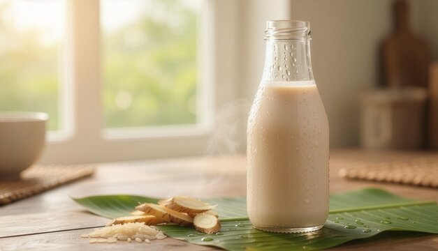 Part of Nusantara Harvest, Bottled traditional Indonesian herbal jamu with ginger and rice on leaf