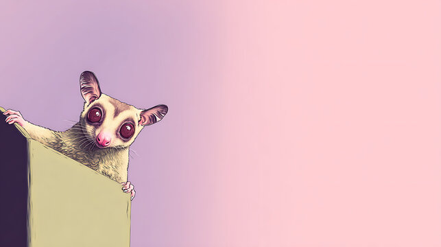 A tiny cute sugar glider peeking around a corner, expressive eyes, minimalist purple and soft green background.