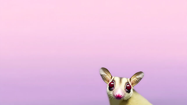 A tiny cute sugar glider peeking around a corner, expressive eyes, minimalist purple and soft green background.