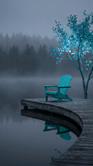 Fototapeta premium Serene Turquoise Adirondack Chair on Wooden Dock by Foggy Lake 