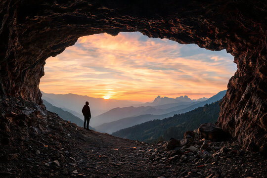 Silhouette of a person standing in a rocky cave entrance overlooking layered mountain landscape at sunrise