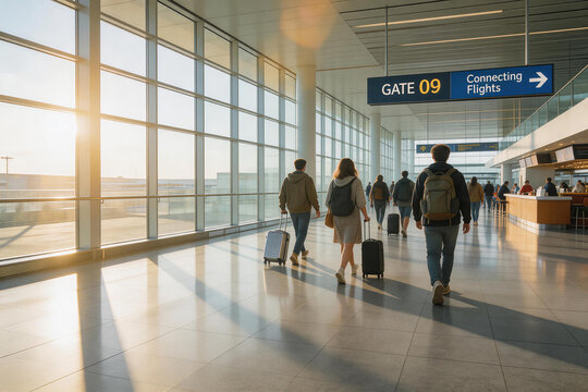Passengers walking with luggage in airport terminal hallway near gate during sunset
